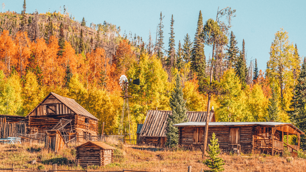 A group of wooden cabins on a hillside.