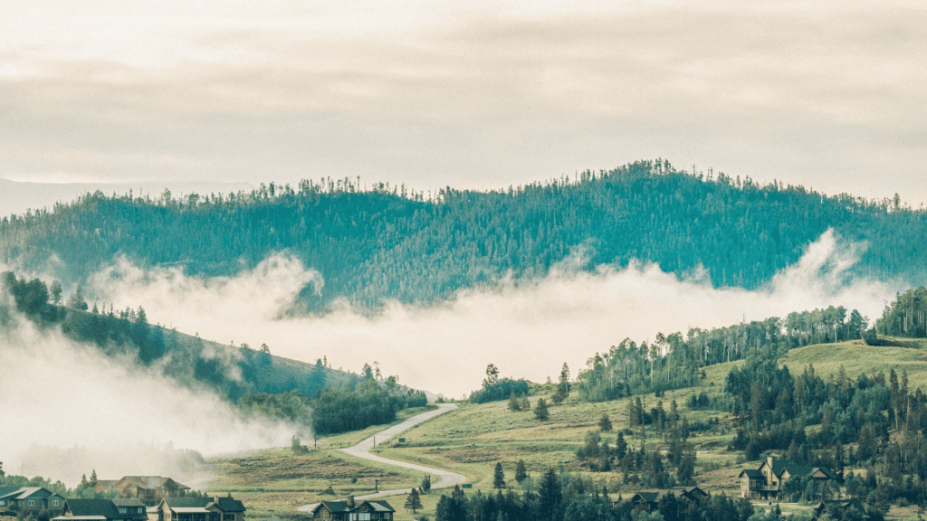 A misty mountain scene with houses and trees in the background.