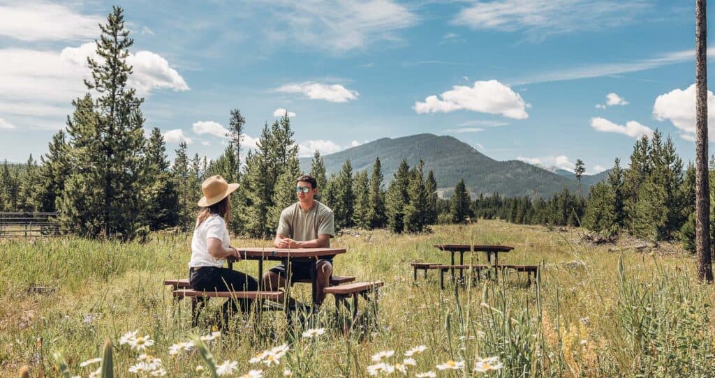 Two people sitting at picnic tables in a field with mountains in the background.