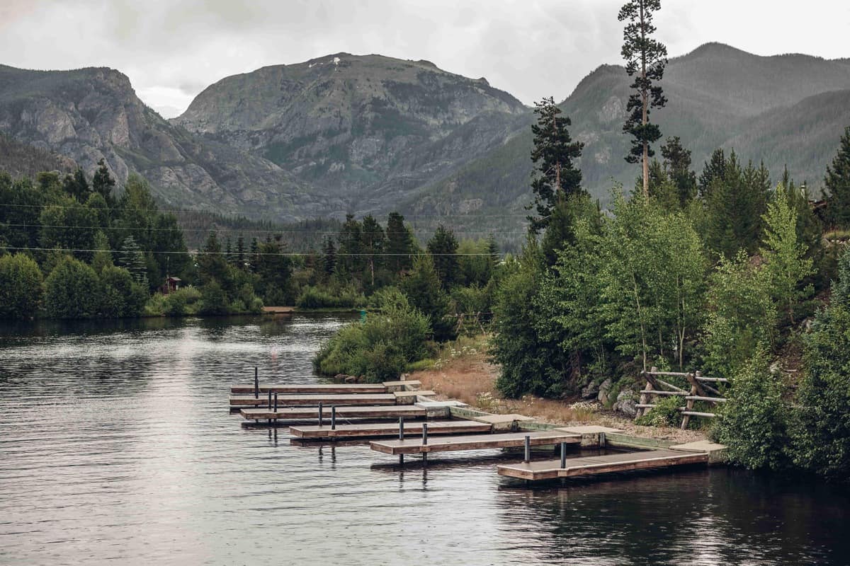 Granby Lake docks and mountains in the background