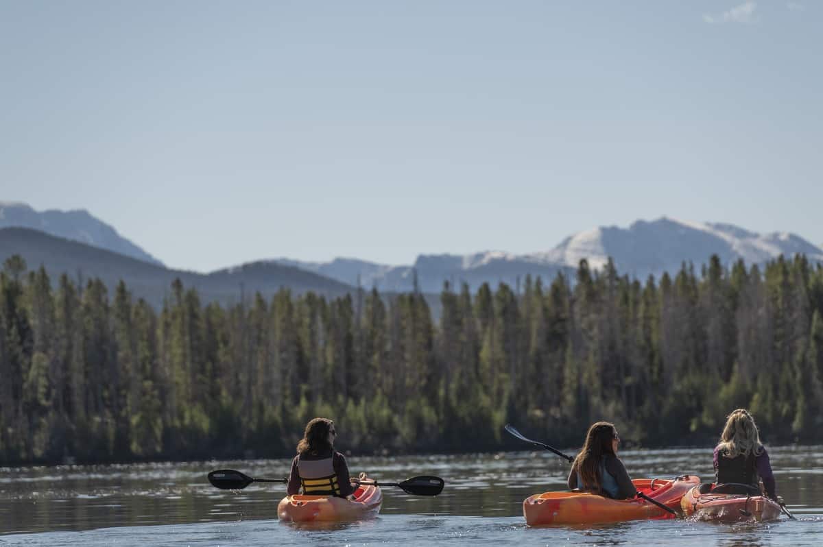 A group of people in kayaks on Grand Lake.