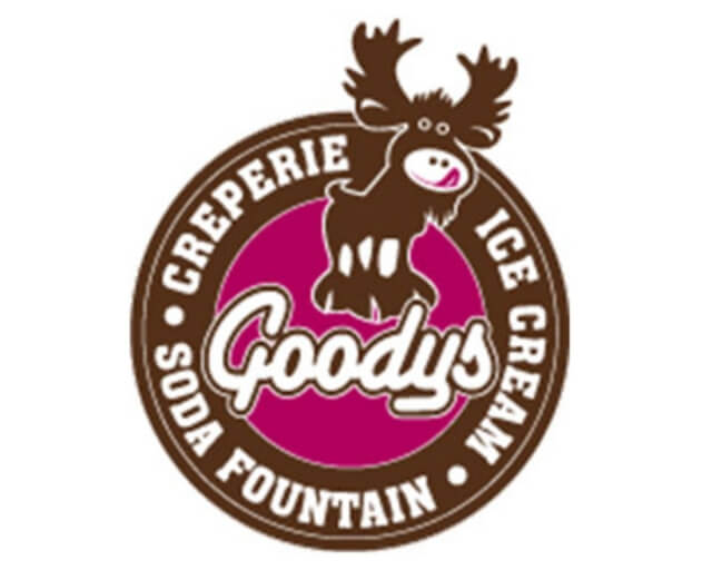 A playful moose logo for Goody's Creperie, Ice Cream, and Soda Fountain in Grand County Colorado.