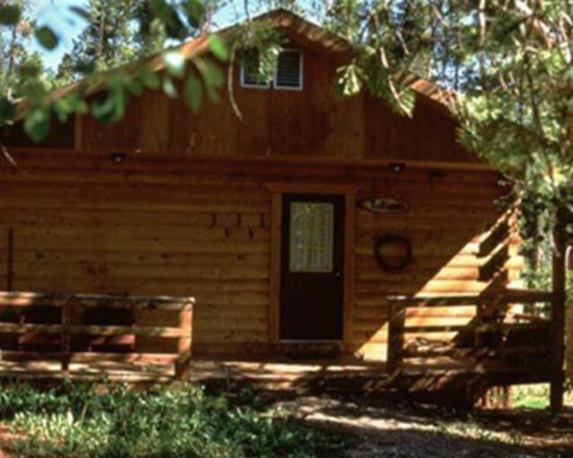 A rustic wooden cabin nestled in a forested area with a small porch and a black door in Grand County Colorado.