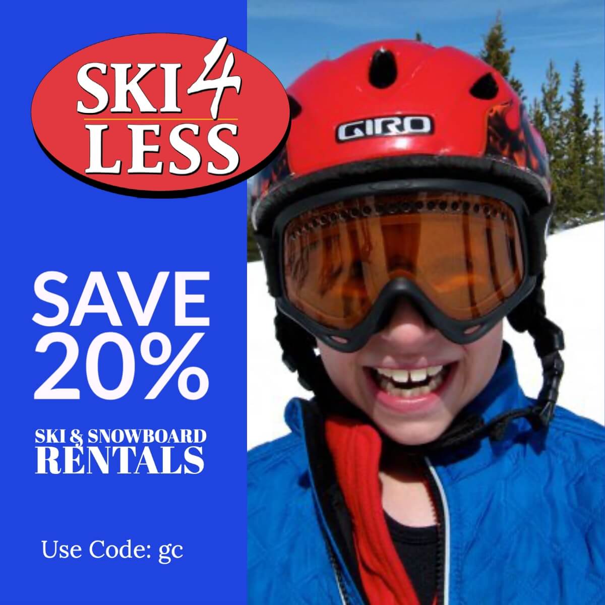 A smiling child wearing a red ski helmet and goggles, advertising ski rentals with a 20% discount in Grand County Colorado.