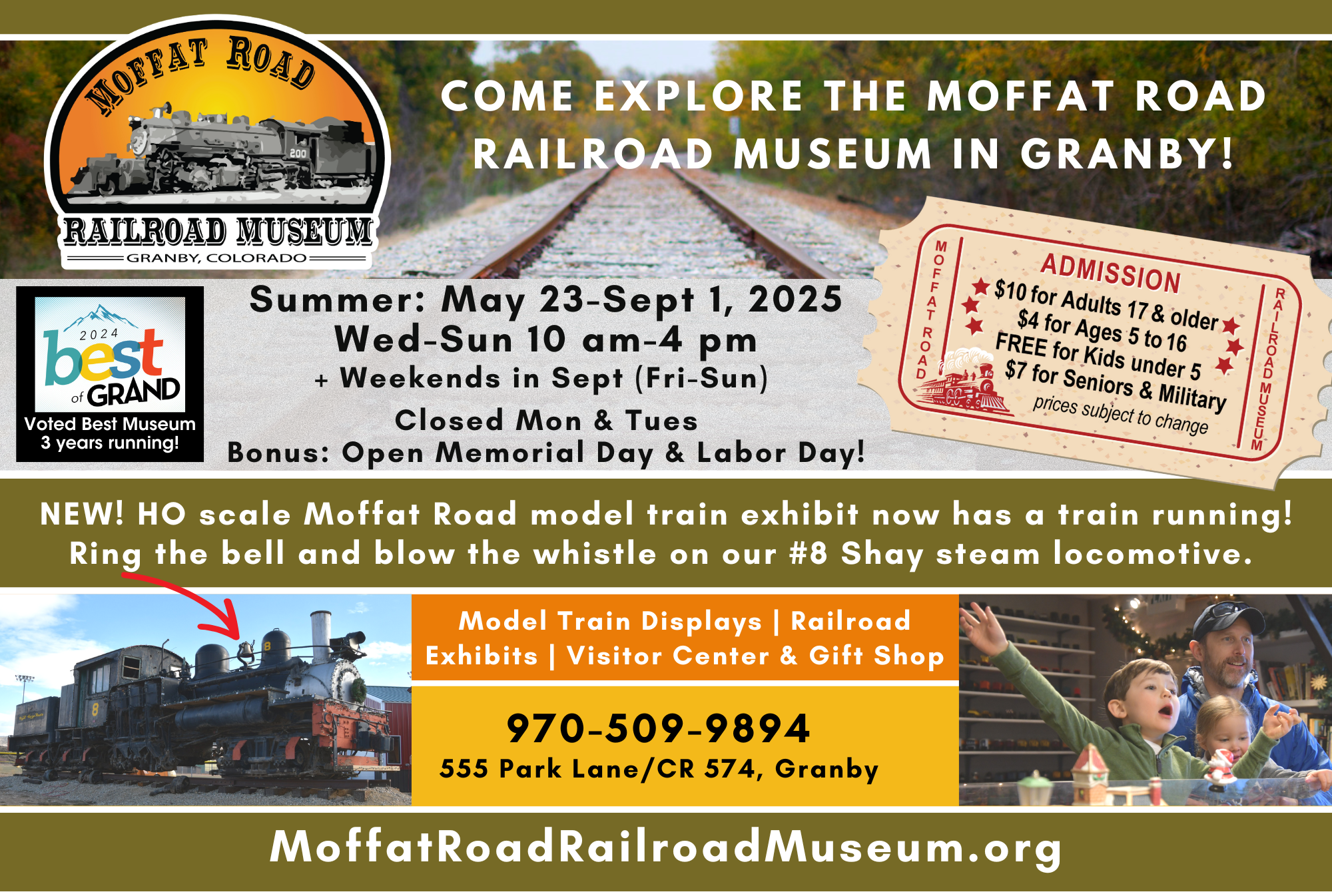 A colorful flyer advertises the Moffatt Road Railroad Museum in Granby, Colorado, with train exhibits and special events in Grand County Colorado.