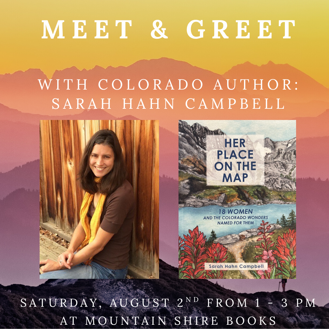 Author Sarah Hahn Campbell sits by a wooden fence with her book 'Her Place on the Map' displayed nearby in Grand County Colorado.