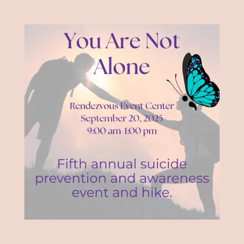 Two silhouetted figures hiking together at sunset with a butterfly graphic in Grand County Colorado.