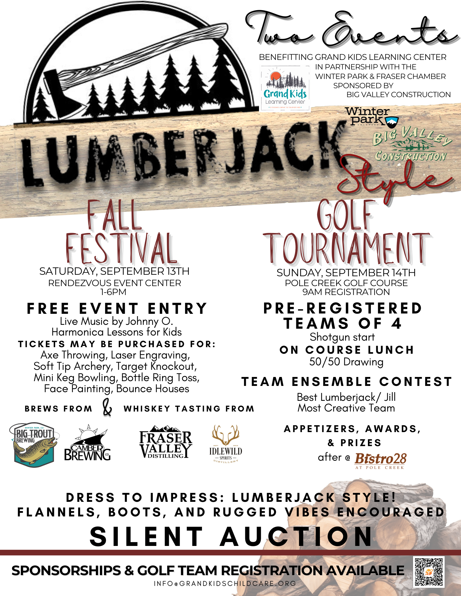 A poster advertises a Lumberjack-themed Fall Festival and Golf Tournament with various activities and sponsors in Grand County Colorado.