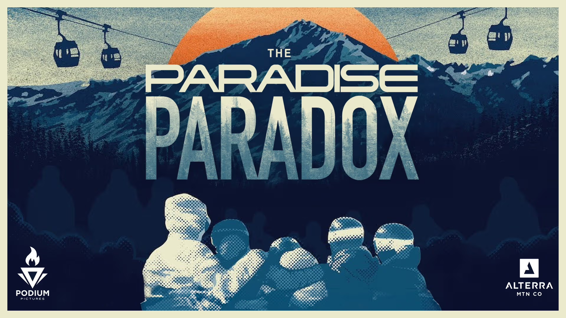 A vintage-style poster for 'The Paradise Paradox' featuring a mountain, gondolas, and silhouetted figures in Grand County Colorado.