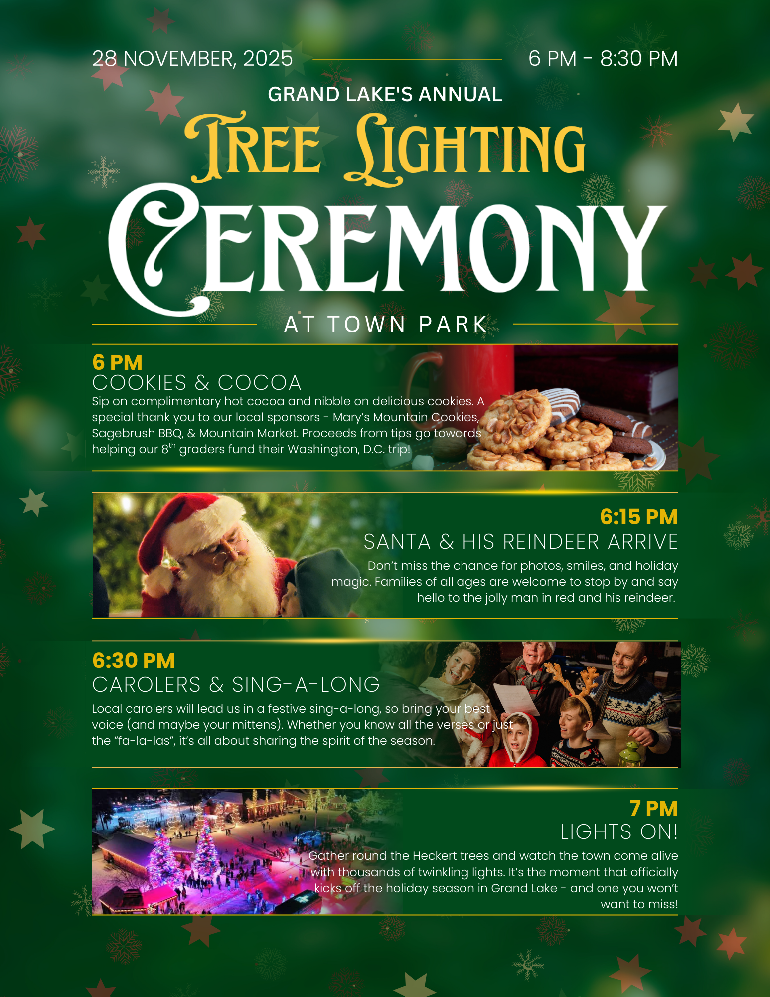 A festive poster advertises Grand Lake's Annual Tree Lighting Ceremony with Santa, cookies, and carols in Grand County Colorado.