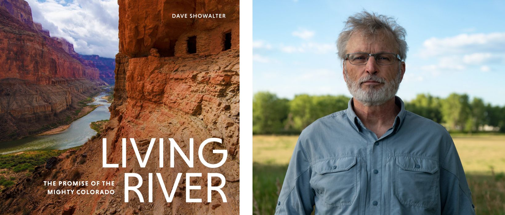A man stands in a grassy field with trees, next to a book cover featuring a river and canyon in Grand County Colorado.