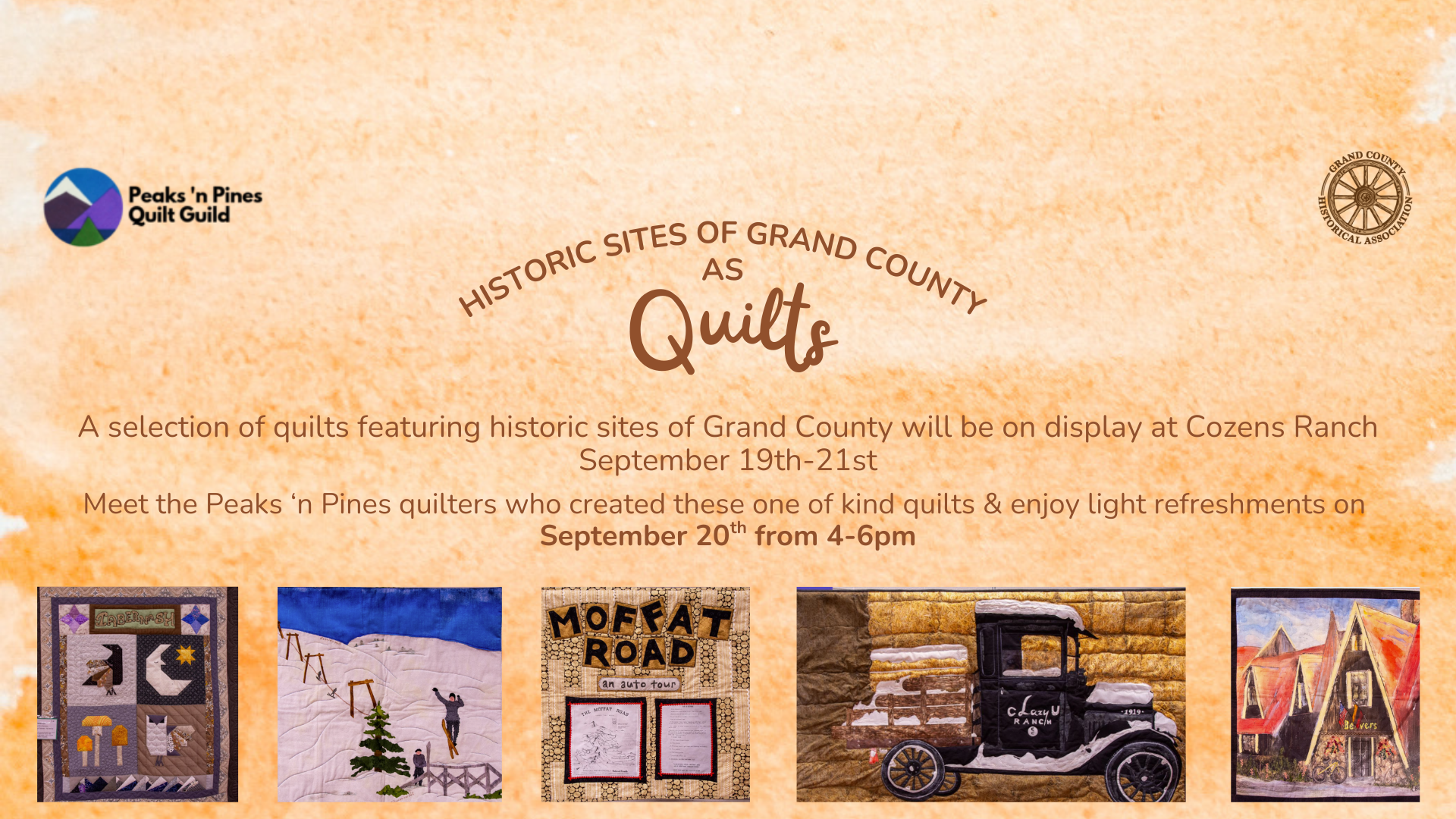 Quilt exhibition featuring historical sites of Grand County, with event details and quilt images in Grand County Colorado.