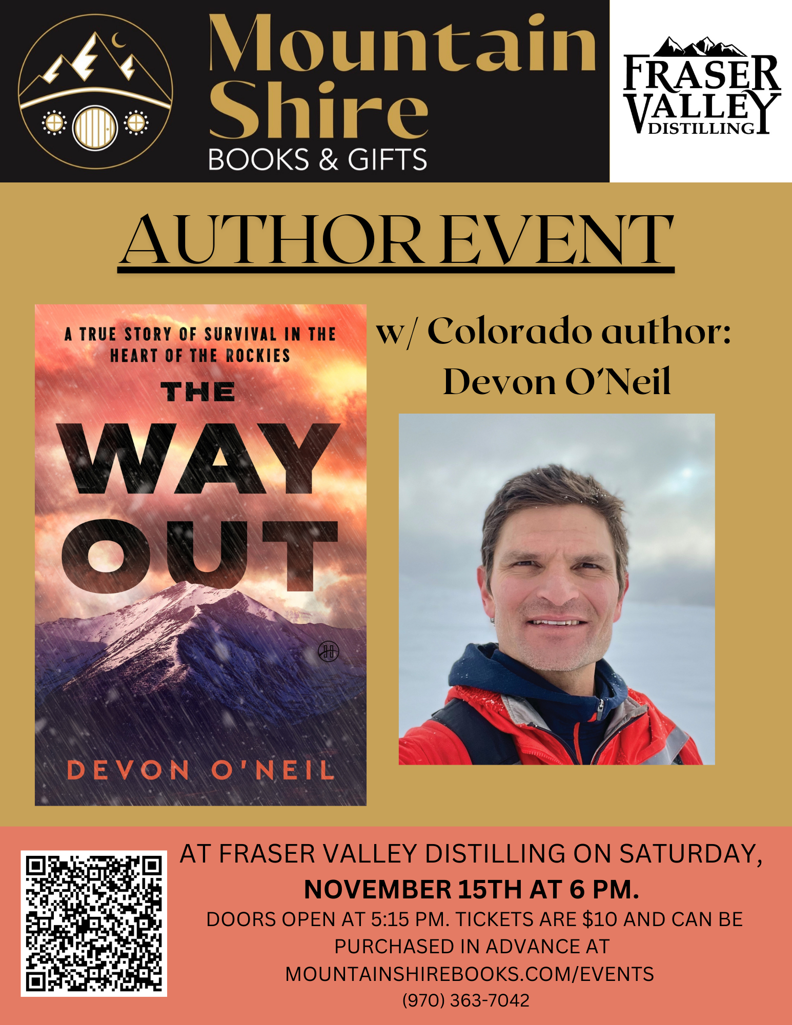 Author event poster for 'The Way Out' by Devon O'Neil at Fraser Valley Distillery in Grand County Colorado.