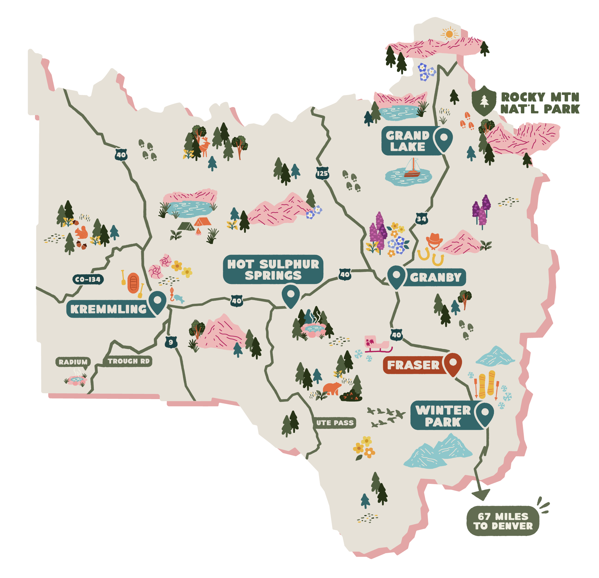 An illustrated map highlighting the location of Fraser, Colorado.