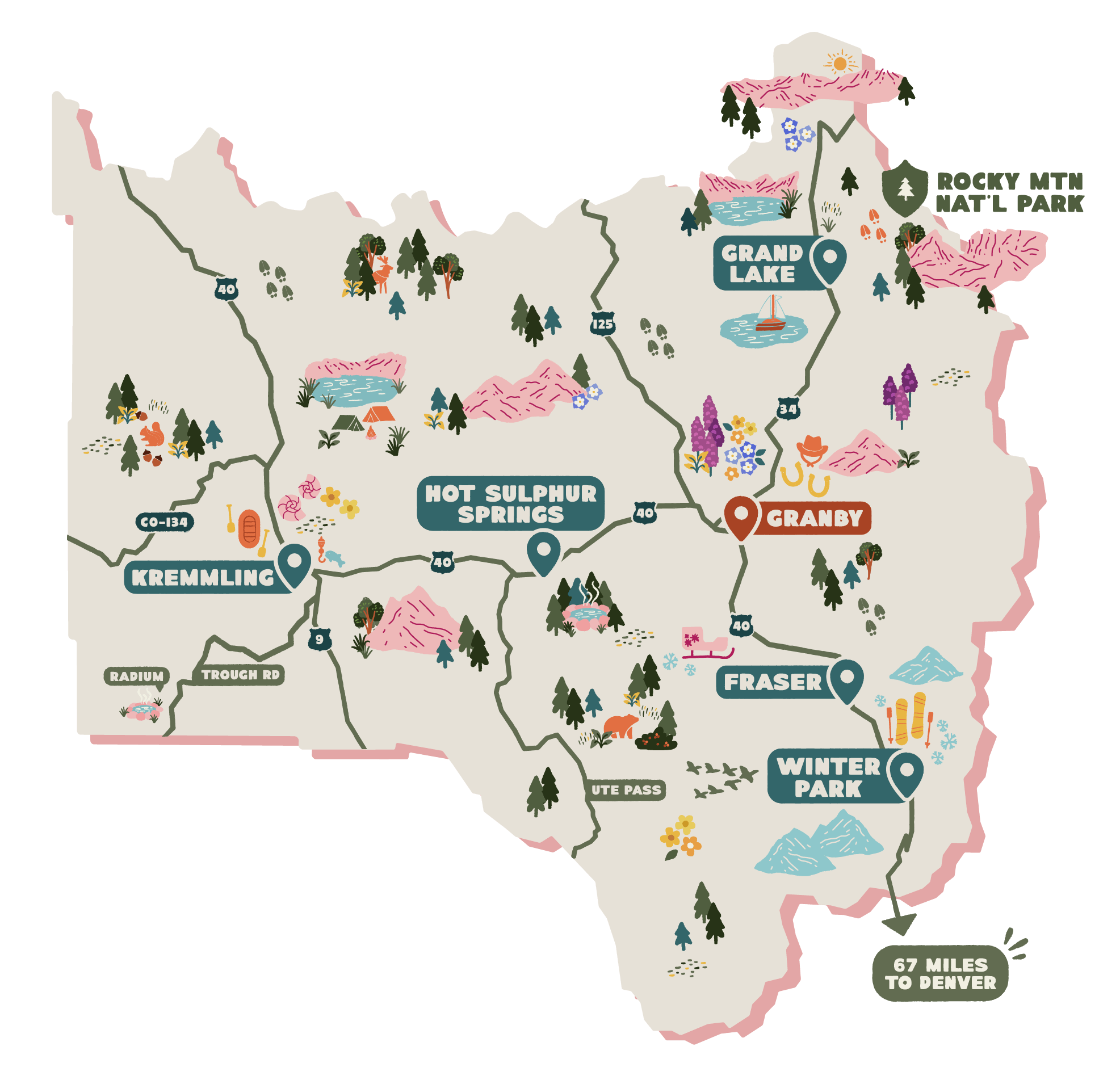 An illustrated map highlighting the location of Granby, Colorado.