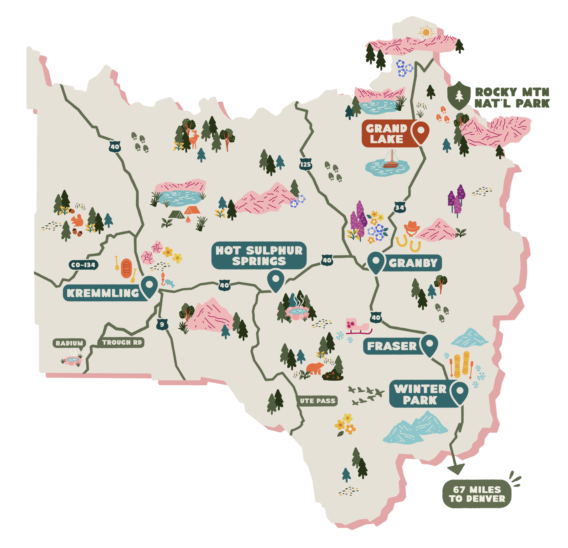 An illustrated map highlighting the location of Grand Lake, Colorado.
