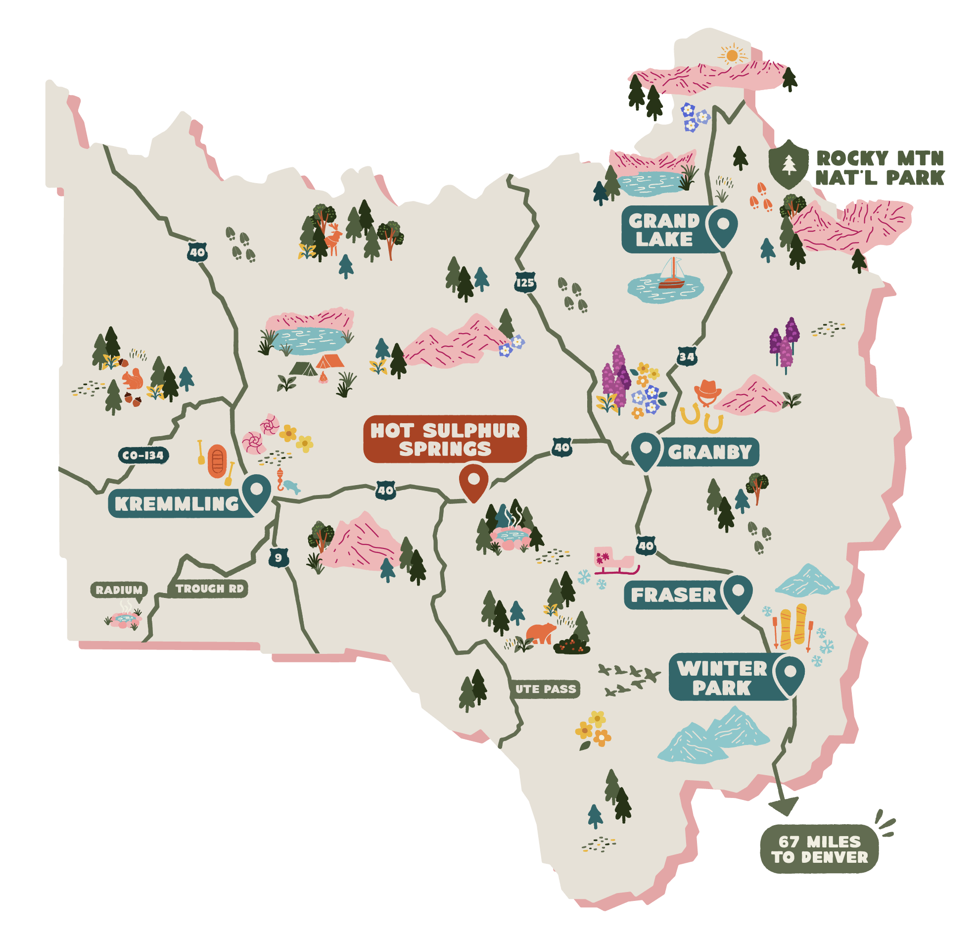 An illustrated map highlighting the location of Hot Sulphur Springs, Colorado.