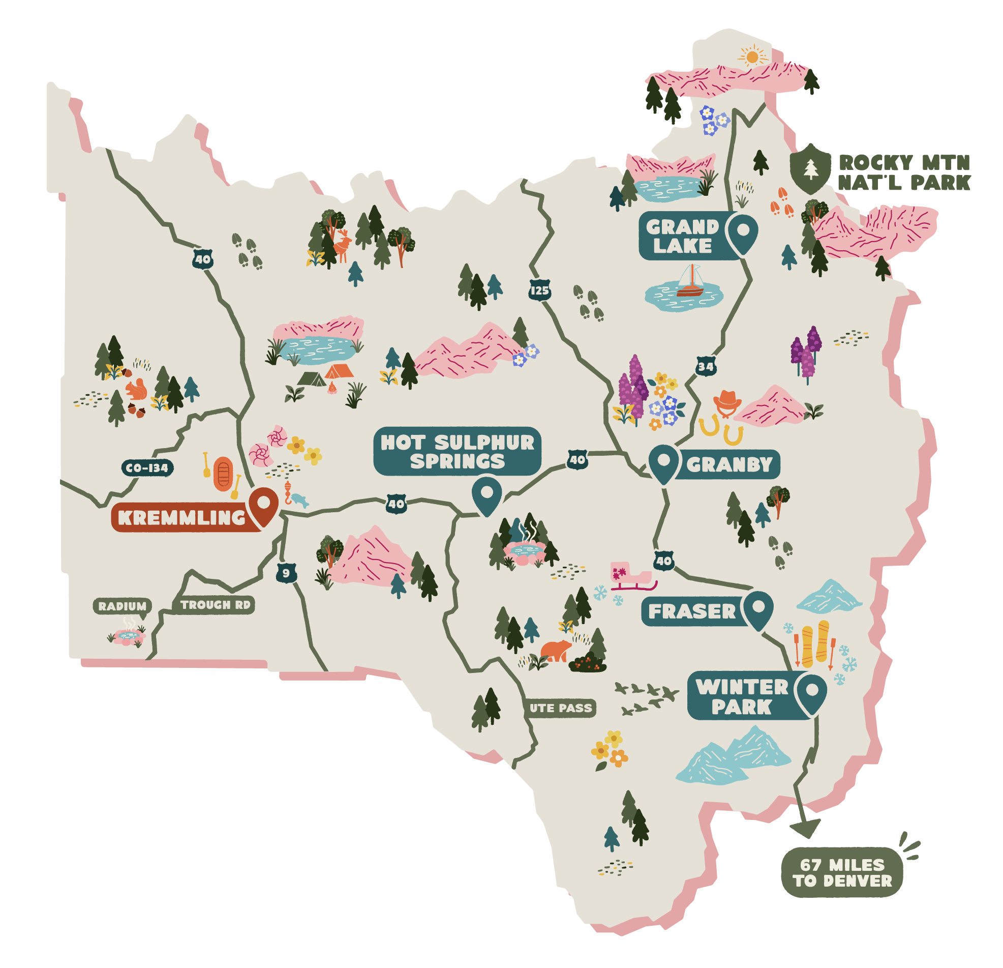 An illustrated map highlighting the location of Kremmling, Colorado.