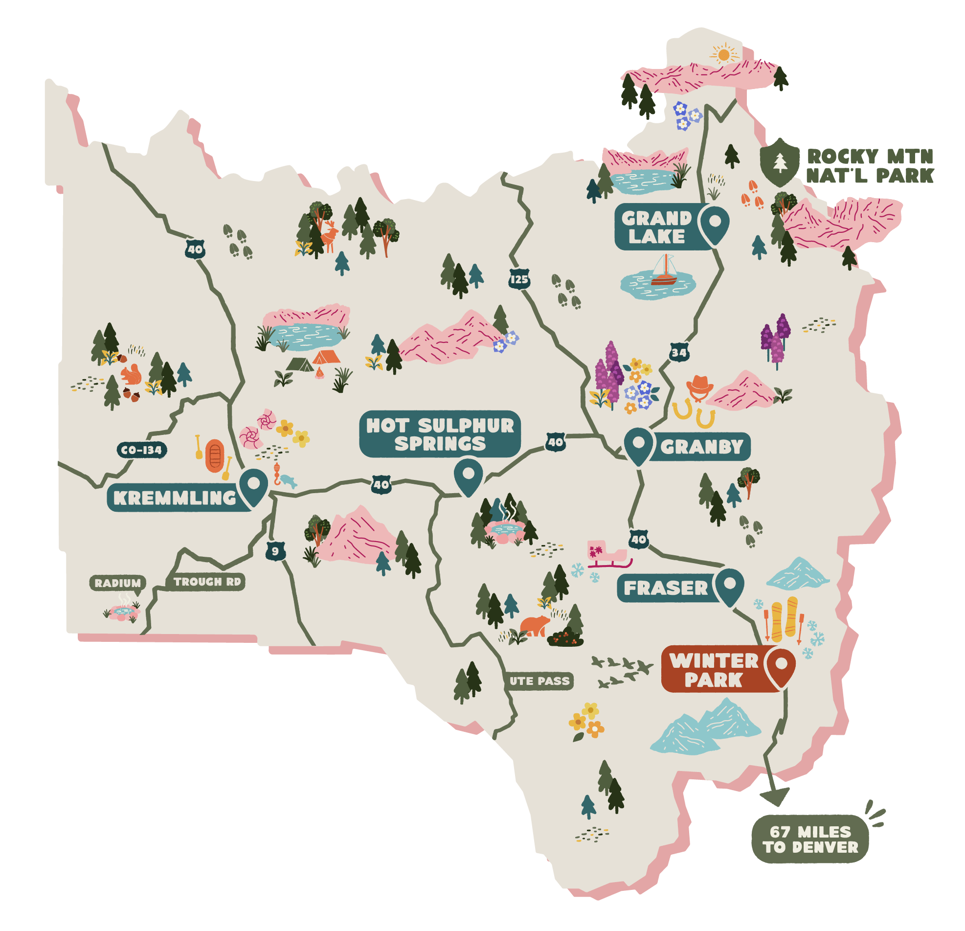 An illustrated map highlighting the location of Winter Park, Colorado.