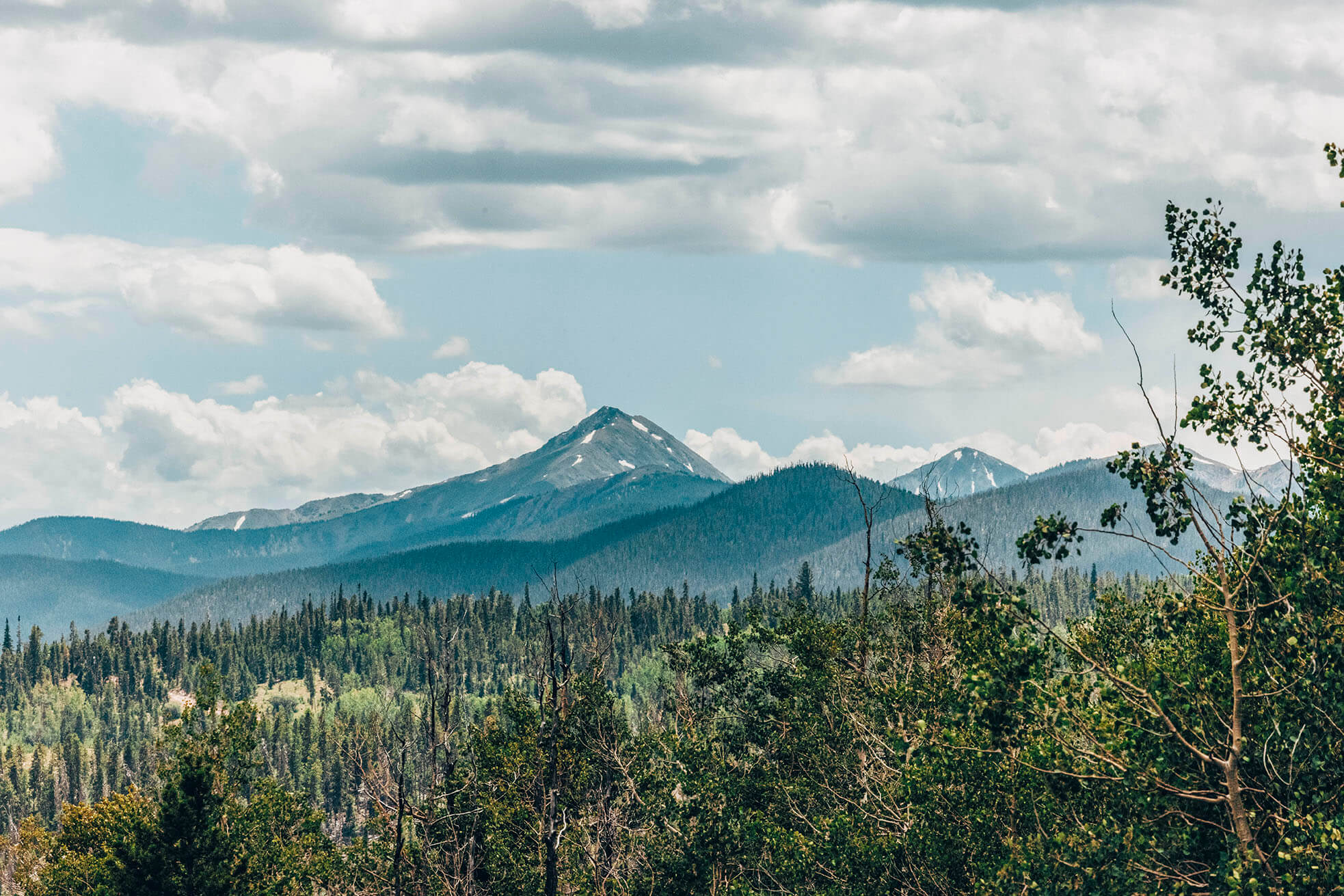 A vast mountain range with snow-capped peaks rises above a lush green forest under a cloudy sky in Grand County Colorado.