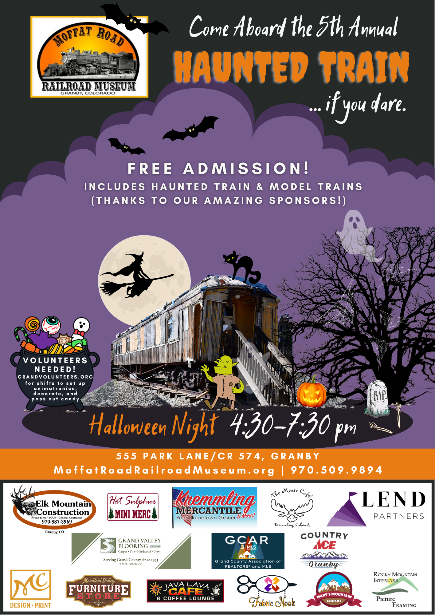 A Halloween-themed train event poster with spooky decorations and sponsor logos in Grand County Colorado.