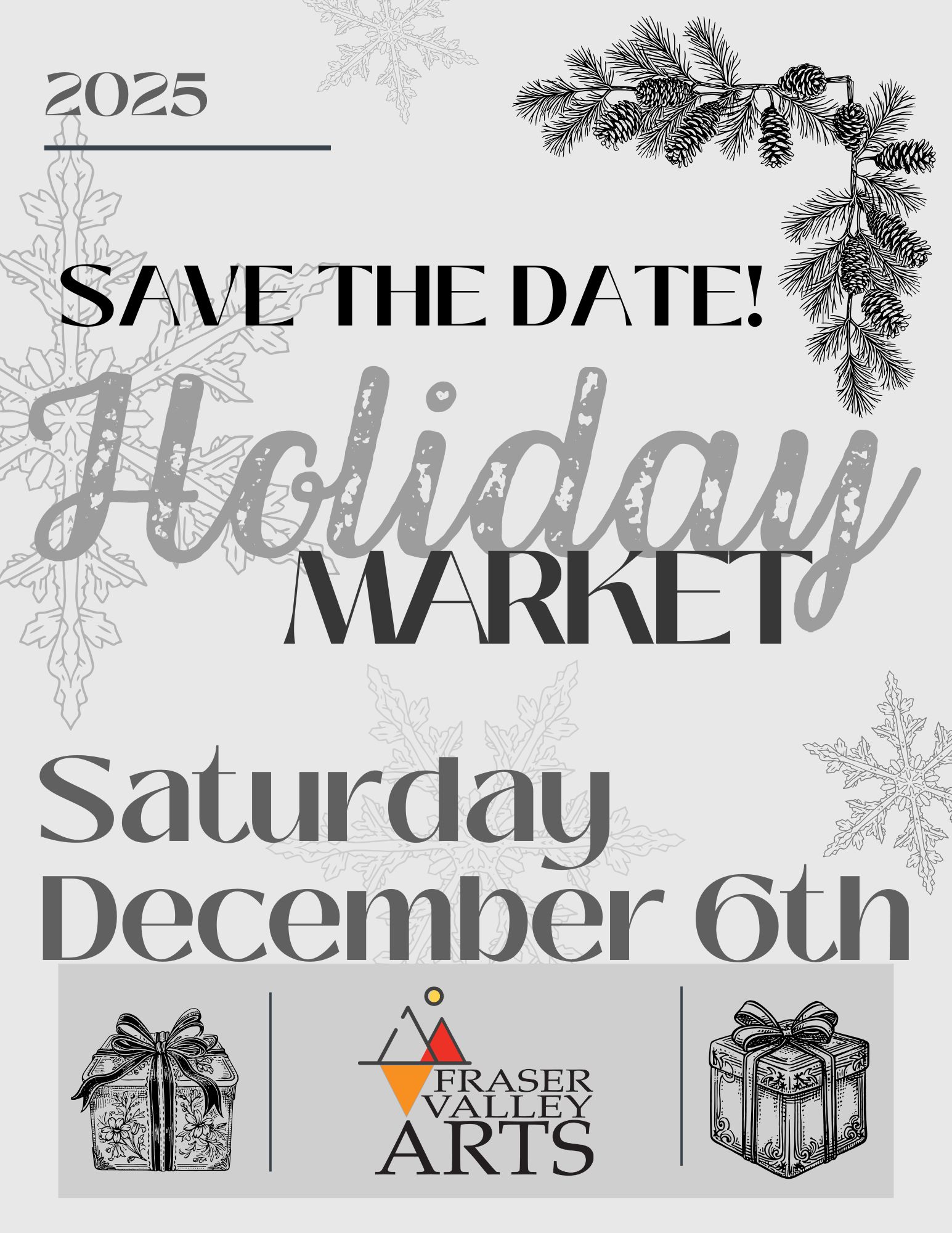 A black and white flyer advertising a holiday market on December 6th, featuring snowflakes and pine branches in Grand County Colorado.