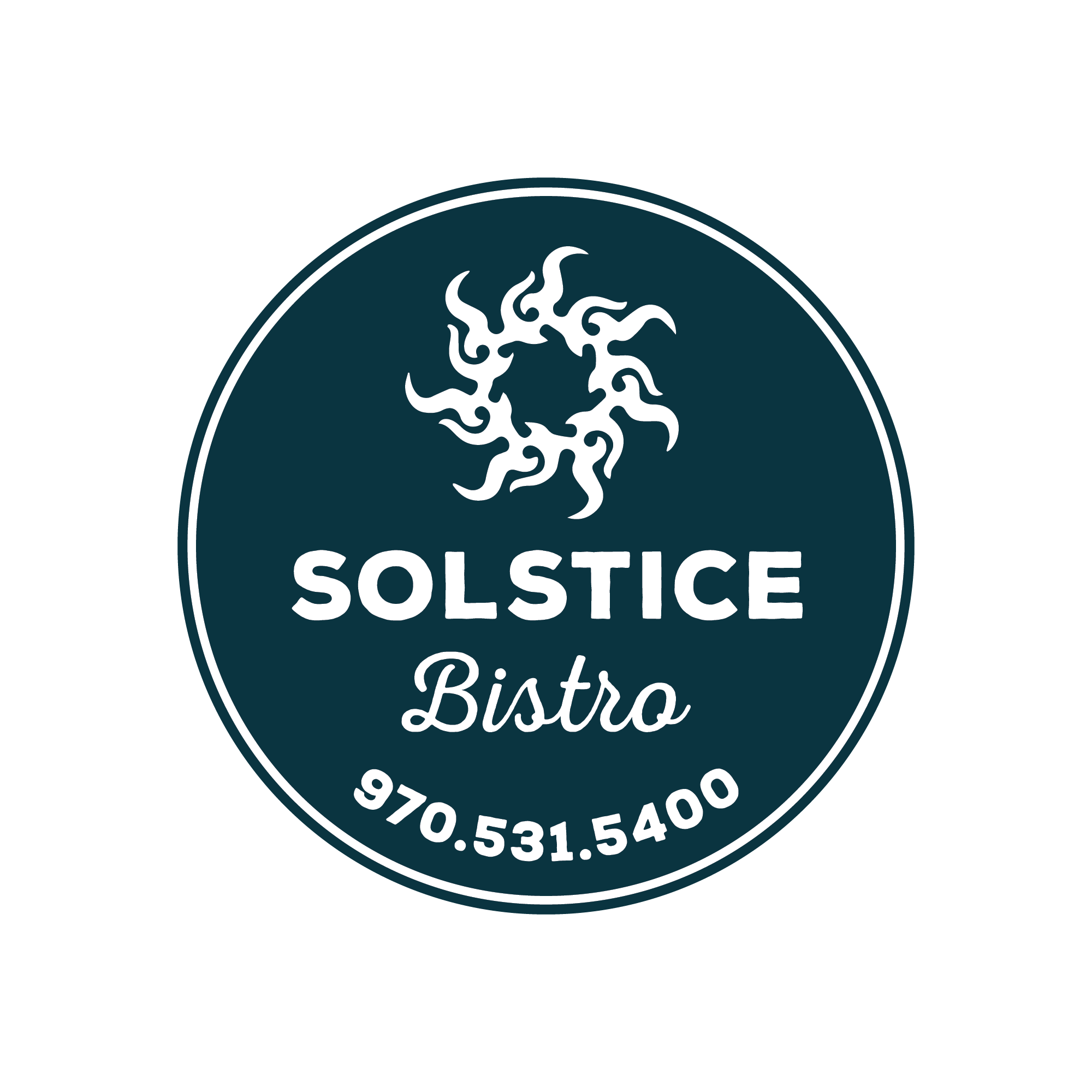 A circular logo for Solstice Bistro featuring a sunburst design and contact information in Grand County Colorado.