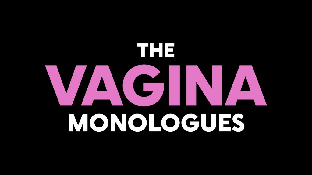 A bold, black background with pink and white text reading 'The Vagina Monologues' in Grand County Colorado.