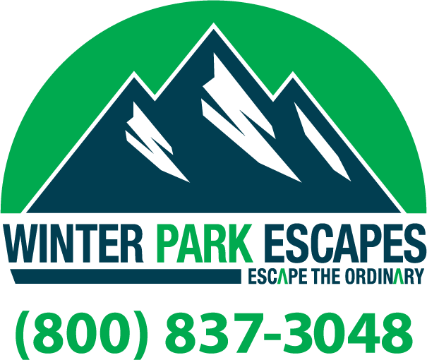 A logo featuring a mountain range with green and blue hues, and the text 'Winter Park Escapes' with a phone number in Grand County Colorado.