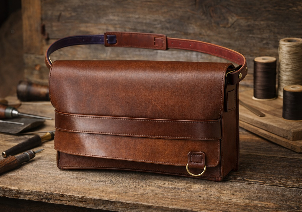 A meticulously crafted brown leather satchel with a distinctive blue-purple strap and brass hardware rests on a rustic wooden table, surrounded by tools and materials of a leatherworker's trade in Grand County Colorado.