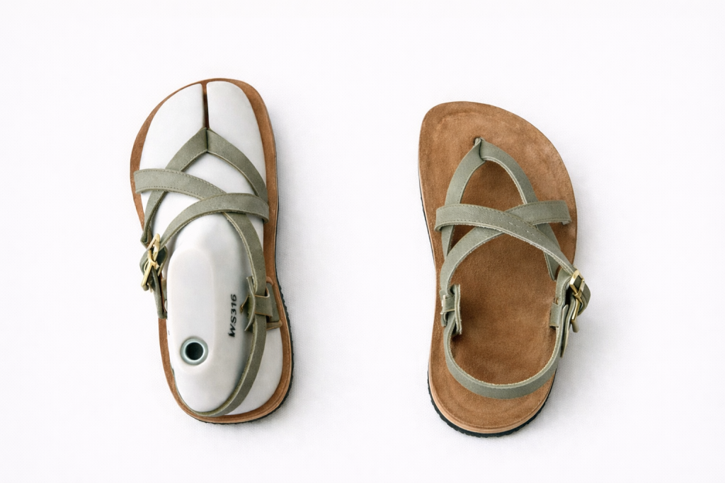 A pair of minimalist sandals with olive green straps and brown soles, displayed on a white background in Grand County Colorado.