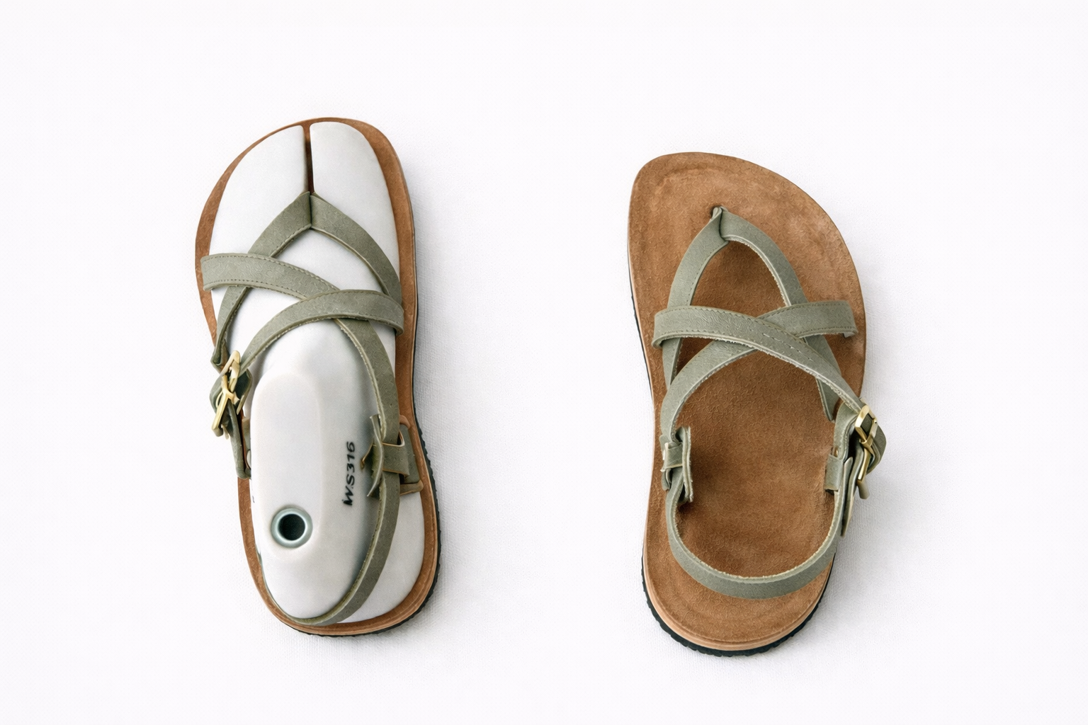 A pair of minimalist sandals with olive green straps and brown soles, displayed on a white background in Grand County Colorado.