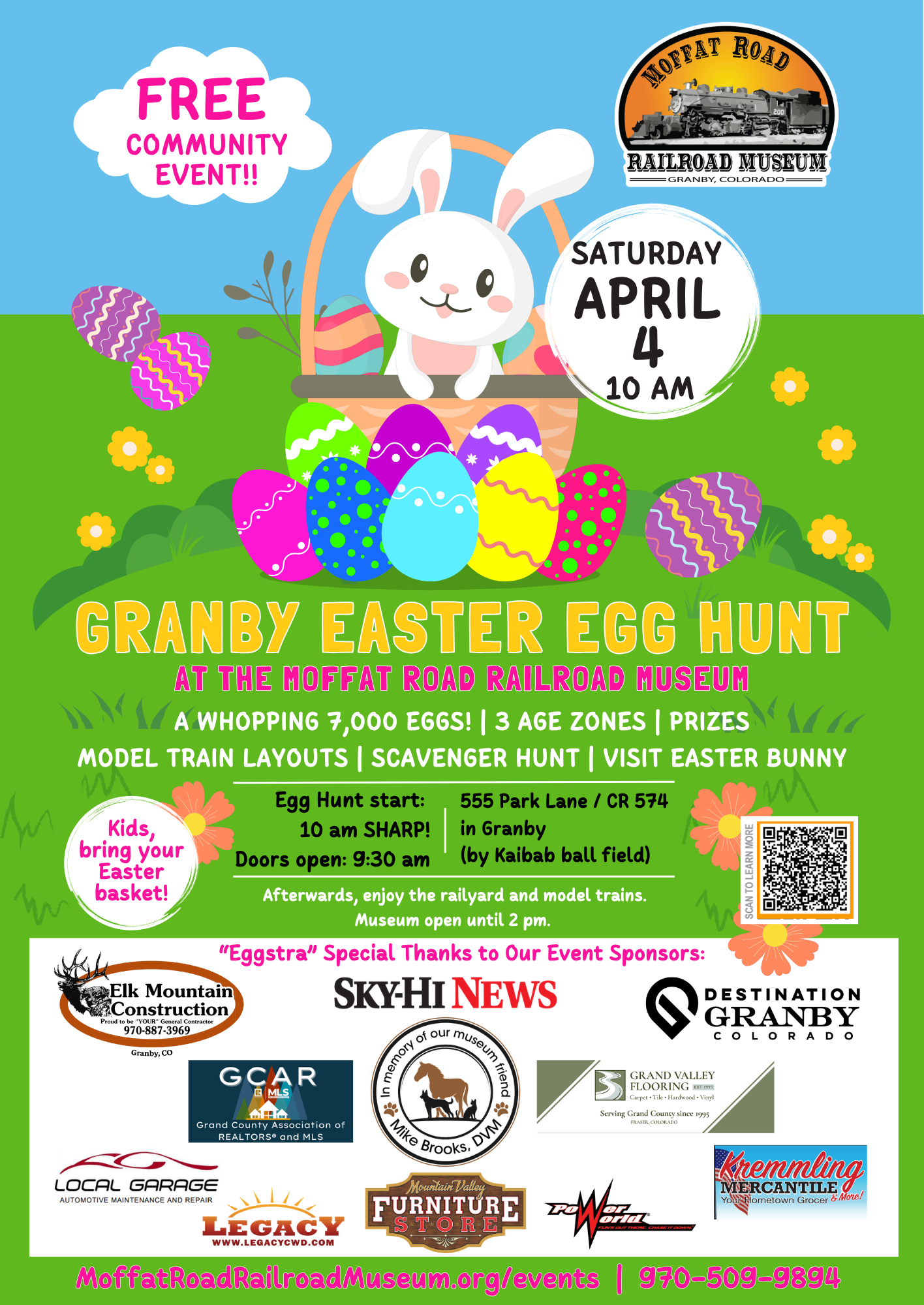 A colorful Easter event poster featuring a cartoon bunny and Easter eggs in Grand County Colorado.