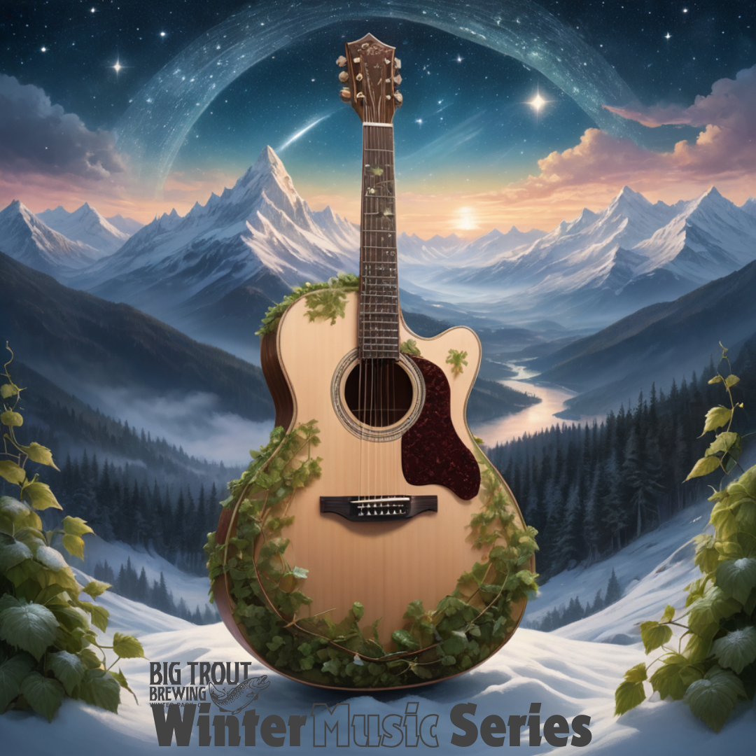 A vintage guitar nestled in a snowy forest, surrounded by mountains and stars in Grand County Colorado.