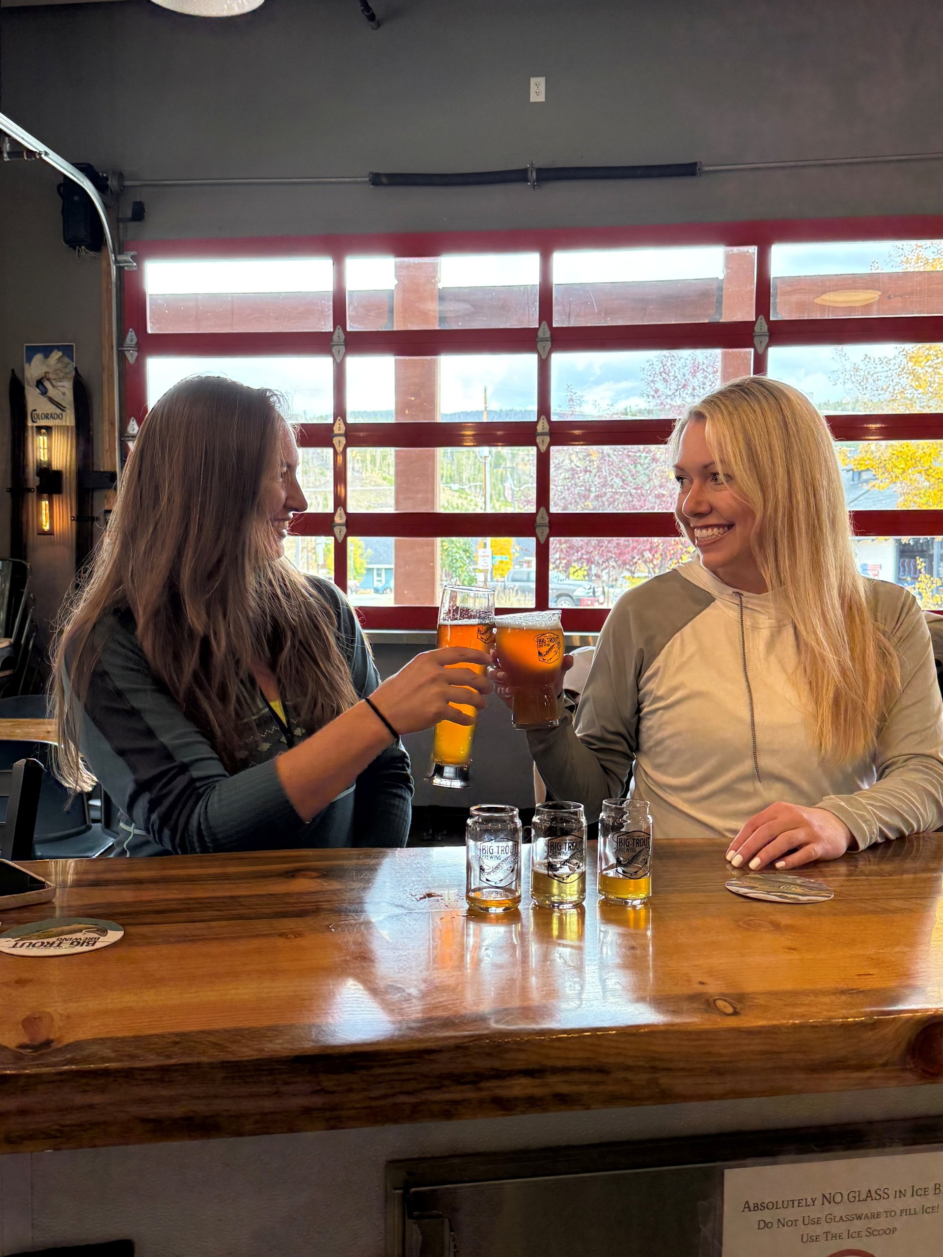 Two women at a bar, raising their glasses in a toast in Grand County Colorado.
