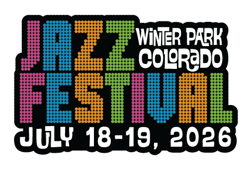 A vibrant poster for the Jazz Winter Park Festival in Colorado, featuring colorful pixelated text and dates July 18-19, 2026 in Grand County Colorado.