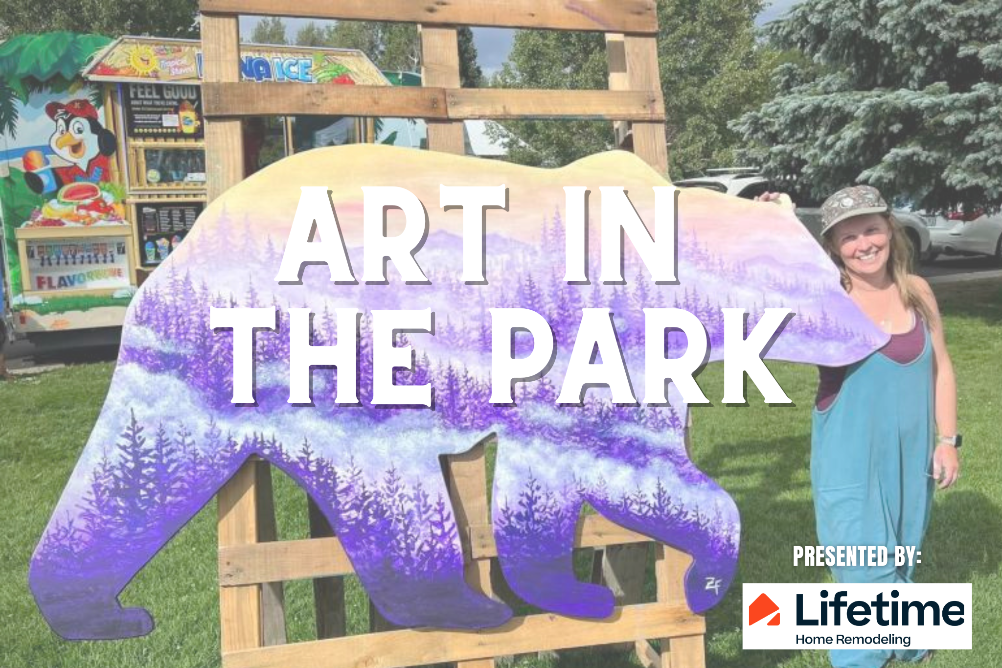 A woman stands next to a large purple bear cutout painted with a mountain and forest scene, promoting 'Art in the Park' presented by Lifetime Home Remodeling in Grand County Colorado.