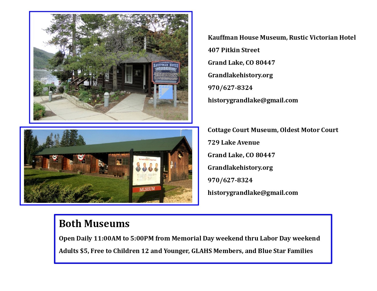 Two rustic museums in Grand Lake, Colorado, with details on their locations, contact information, and hours of operation in Grand County Colorado.