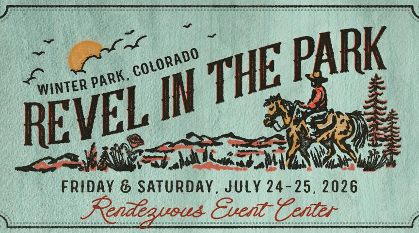 A cowboy on horseback rides through a scenic landscape with mountains, trees, and a setting sun in Grand County Colorado.