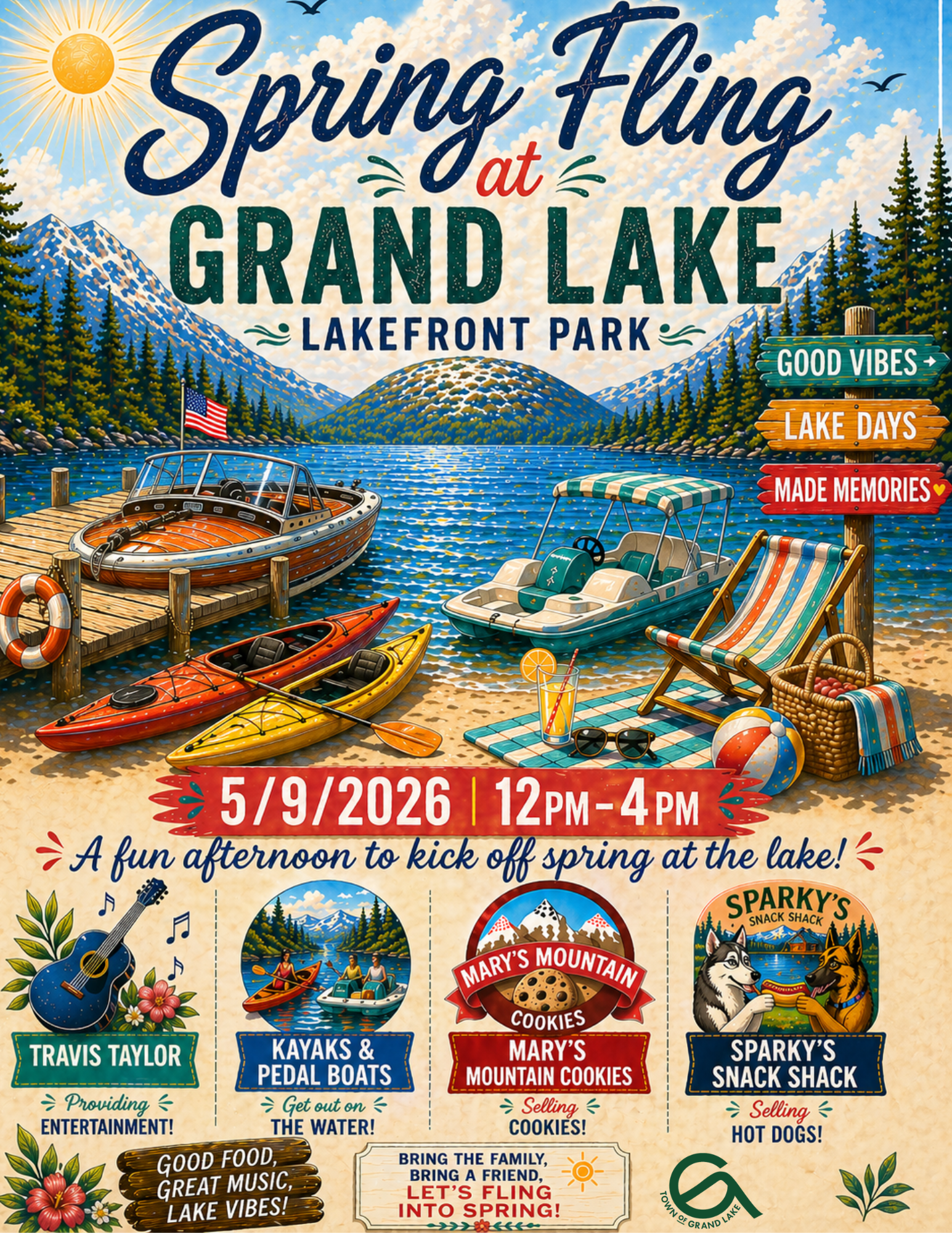 A vibrant poster advertising a spring celebration at Grand Lake in Lakefront Park, featuring boats, kayaks, live music, food, and outdoor activities in Grand County Colorado.