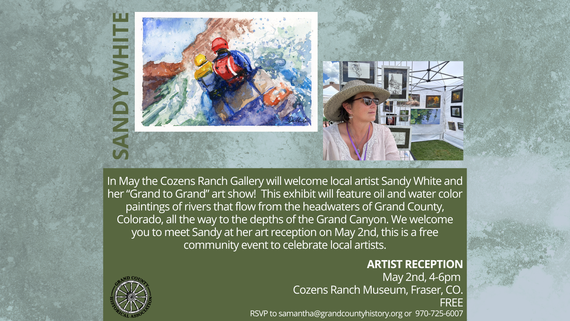 Artist Sandy White's vibrant watercolor painting of rafters navigating rapids, showcased in an upcoming art reception at Cozens Ranch Gallery in Grand County Colorado.