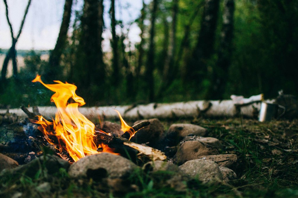 A crackling campfire burns brightly among rocks in a serene forest clearing in Grand County Colorado.