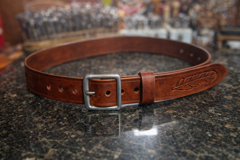 A beautifully crafted brown leather belt with a silver buckle and an intricate feather design on the end in Grand County Colorado.