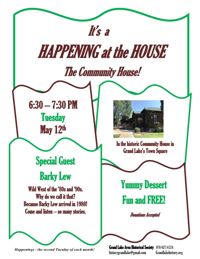 A community event at a historic house featuring a special guest storyteller and free yummy desserts in Grand County Colorado.