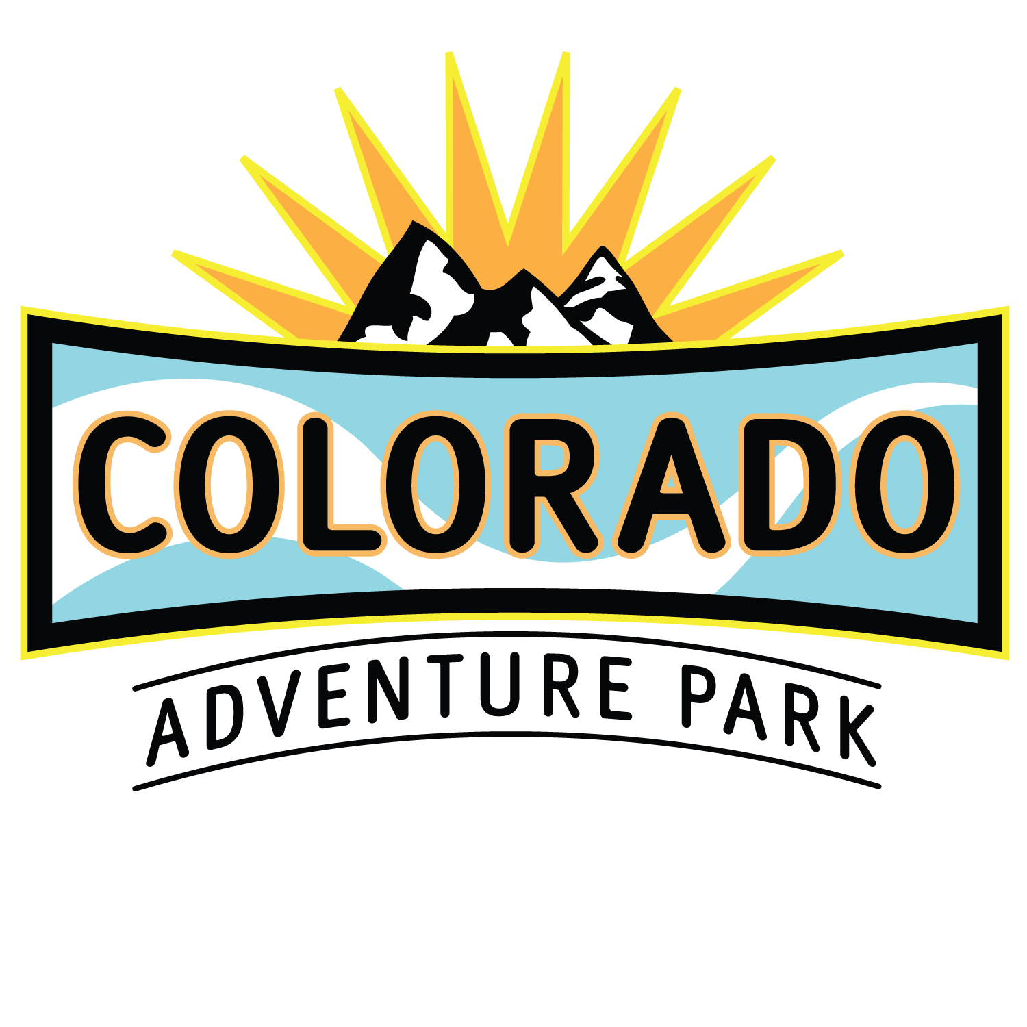 A vibrant logo featuring a sun rising over snow-capped mountains, with the word 'COLORADO' in bold letters and 'ADVENTURE PARK' below in Grand County Colorado.