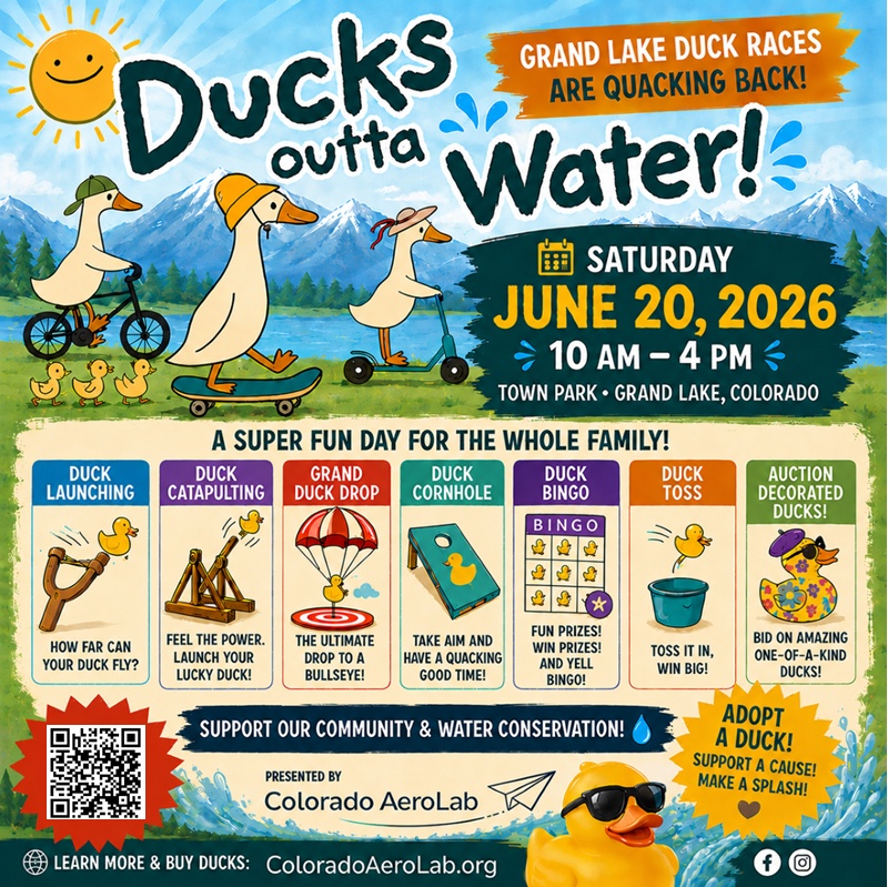 Three ducks on bikes and scooters ride towards a sunny lake with mountains in the background, promoting a fun day of duck races and activities in Grand County Colorado.