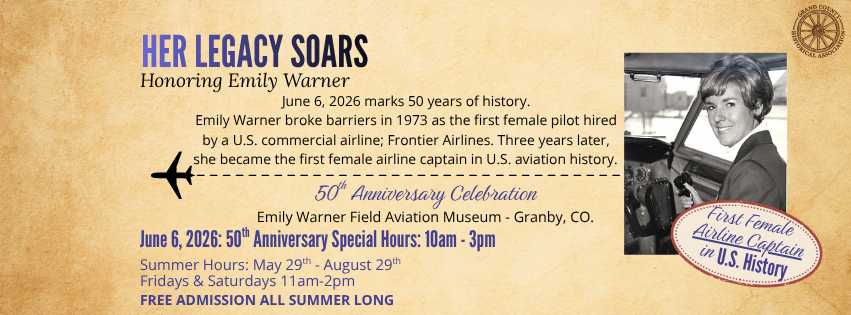A poster celebrating the 50th anniversary of Emily Warner's historic achievement as the first female airline captain in U.S. history in Grand County Colorado.