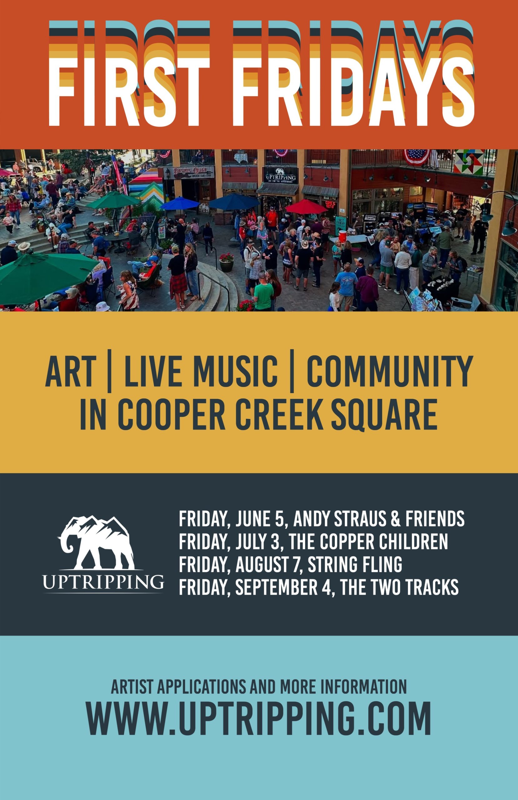 A vibrant outdoor event featuring live music, art, and community gatherings on Fridays in Cooper Creek Square in Grand County Colorado.