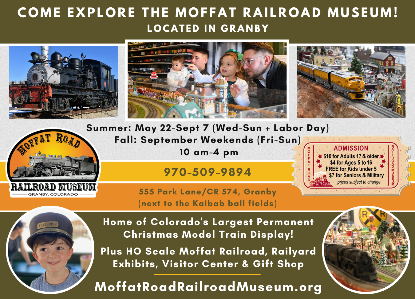 A family enjoys a day at the Moffatt Railroad Museum, exploring model trains and exhibits in Grand County Colorado.