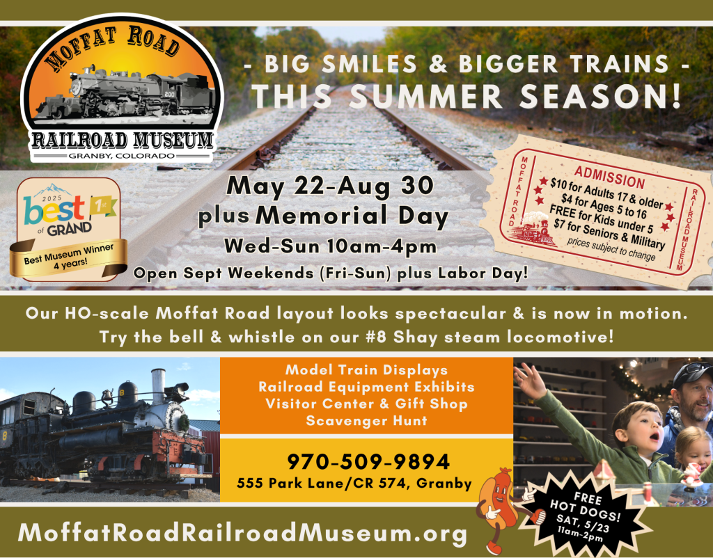 A vintage steam locomotive on display at the Moffat Road Railroad Museum in Granby, Colorado, with details about summer events and exhibits in Grand County Colorado.